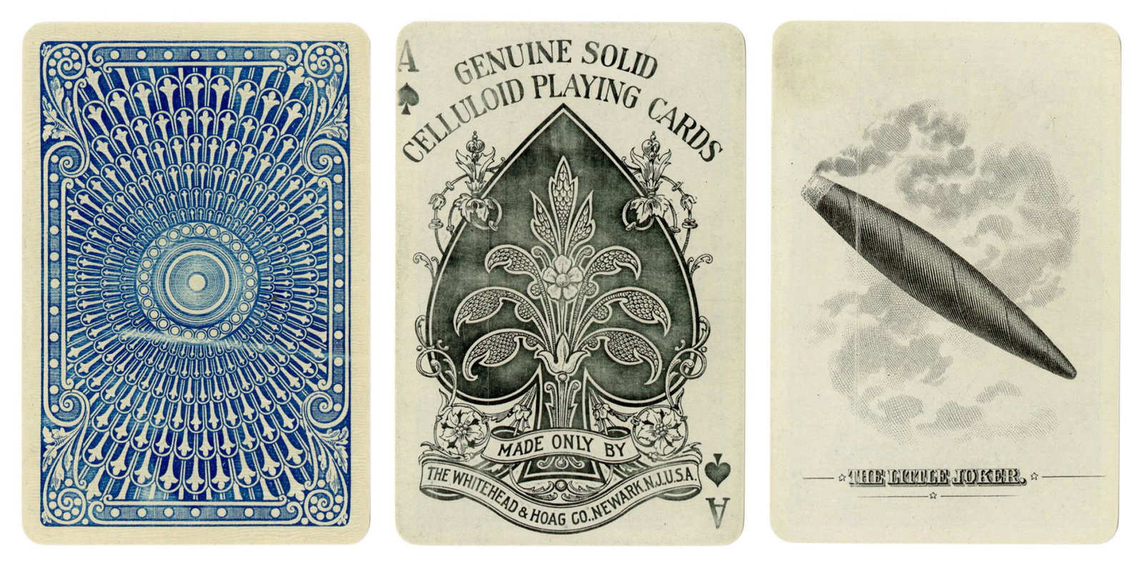 Whitehead & Hoag Celluloid Playing Cards. Newark, ca.: Whitehead & Hoag Celluloid Playing Cards. Newark, ca. 1925. 52 + J. Housed in a period celluloid case with four ace design. Joker depicts a lit cigar. Faces lightly rubbed. Inner celluloid wrapper spl
