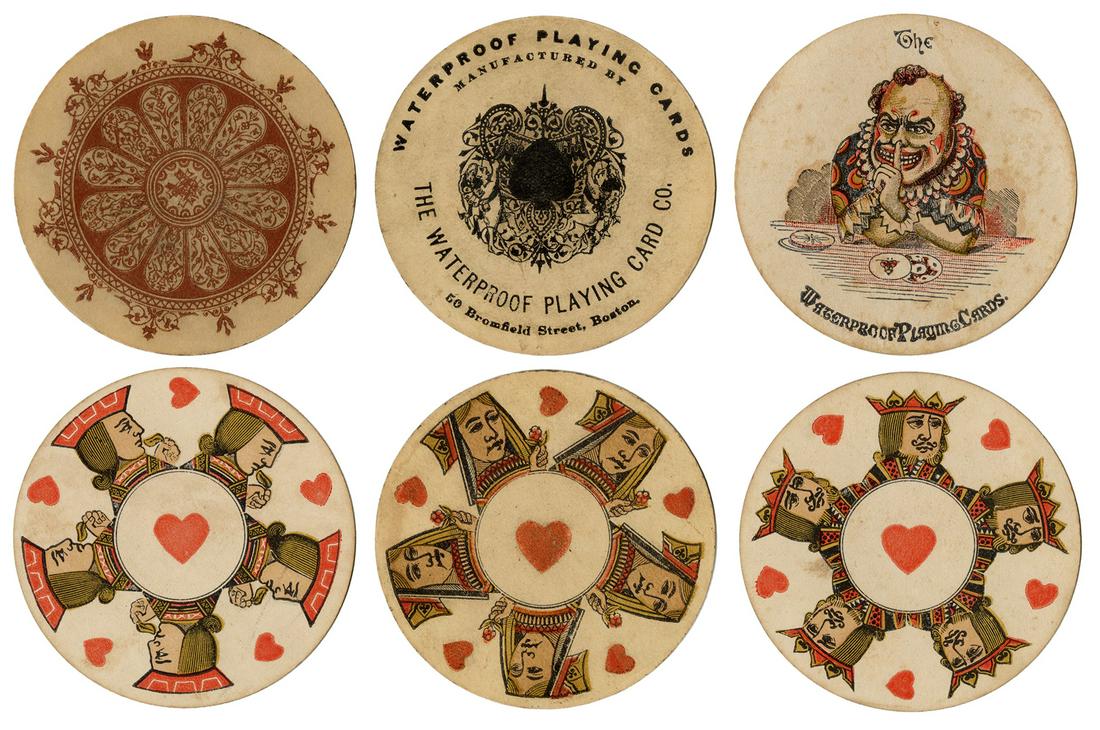 Waterproof Playing Card Co. Circular Deck. Boston, ca.: Waterproof Playing Card Co. Circular Deck. Boston, ca. 1895. 52 + J + OB. Early circular deck by the Boston maker with an address listed at 50 Bromfield Street. Diam. 3 ¼”. Light spotting a