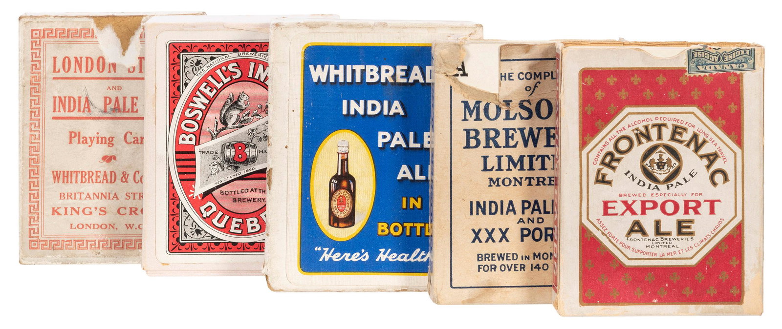 [Breweriana] Lot of 6 of India Pale Ale Advertising: [Breweriana] Lot of 6 of India Pale Ale Advertising Decks. V.p., ca. 1900s/40s. Including Frontenac India Pale Ale (Montreal: Canadian Playing Card. Co.), 52 + J + OB (box lacks top flap); Whitbread&#
