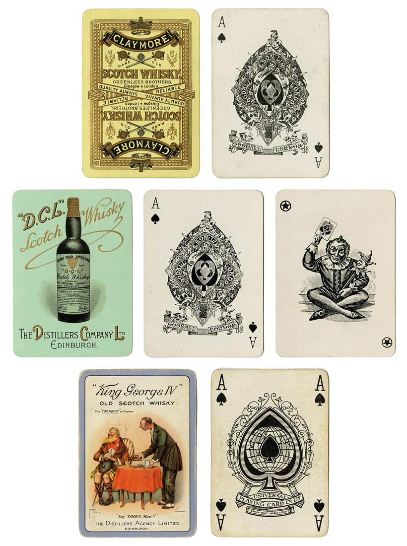 Trio of Antique English Whiskey Advertising Decks.: Trio of Antique English Whiskey Advertising Decks. Including Distillers Company Ltd., Edinburgh “D.C.L” Scotch Whiskey (52 + J + OB), Chas. Goodall. – King George IV Old Scotch Whisk
