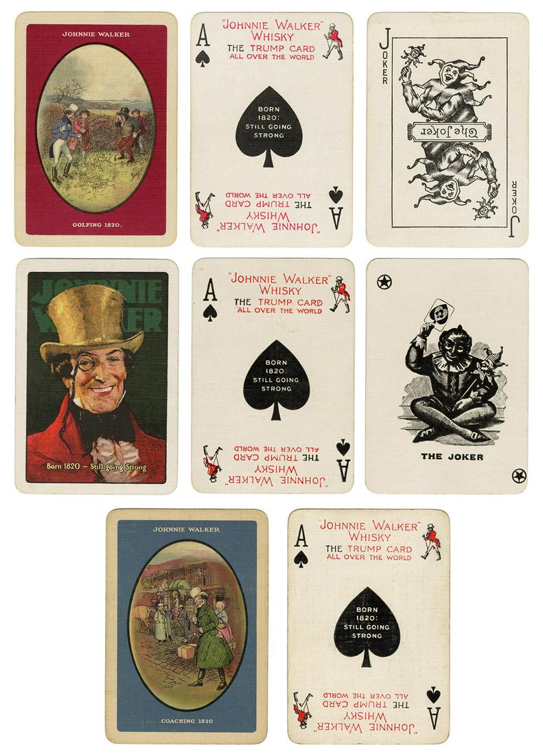 Antique Johnnie Walker Whiskey Advertising Decks. Three: Antique Johnnie Walker Whiskey Advertising Decks. Three decks of playing cards, 52 + J + OB; 52 + J + OB; and 52 + OB. Titled “Born 1820-Still Going Strong”; “Coaching 1820;” a