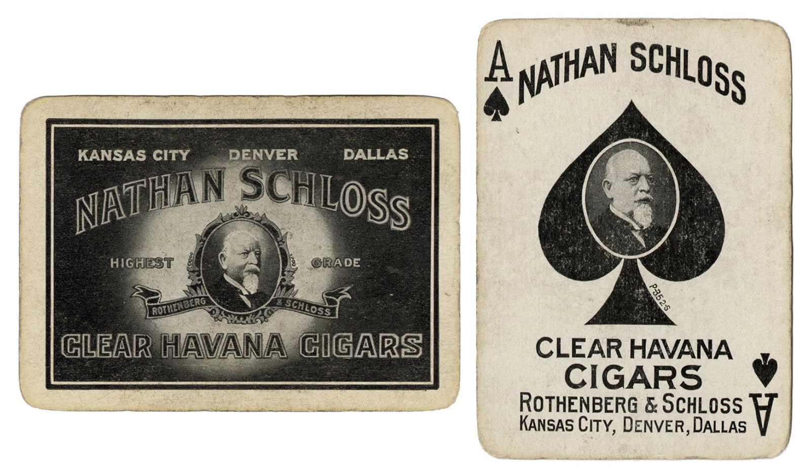 [Tobacciana] Nathan Schloss Havana Cigars Advertising: [Tobacciana] Nathan Schloss Havana Cigars Advertising Playing Cards. Circa 1910s/20s. 52 (no joker). Advertising deck for the Cuban cigar distributor Rothenberg & Schloss, based in Kansas City, Denver