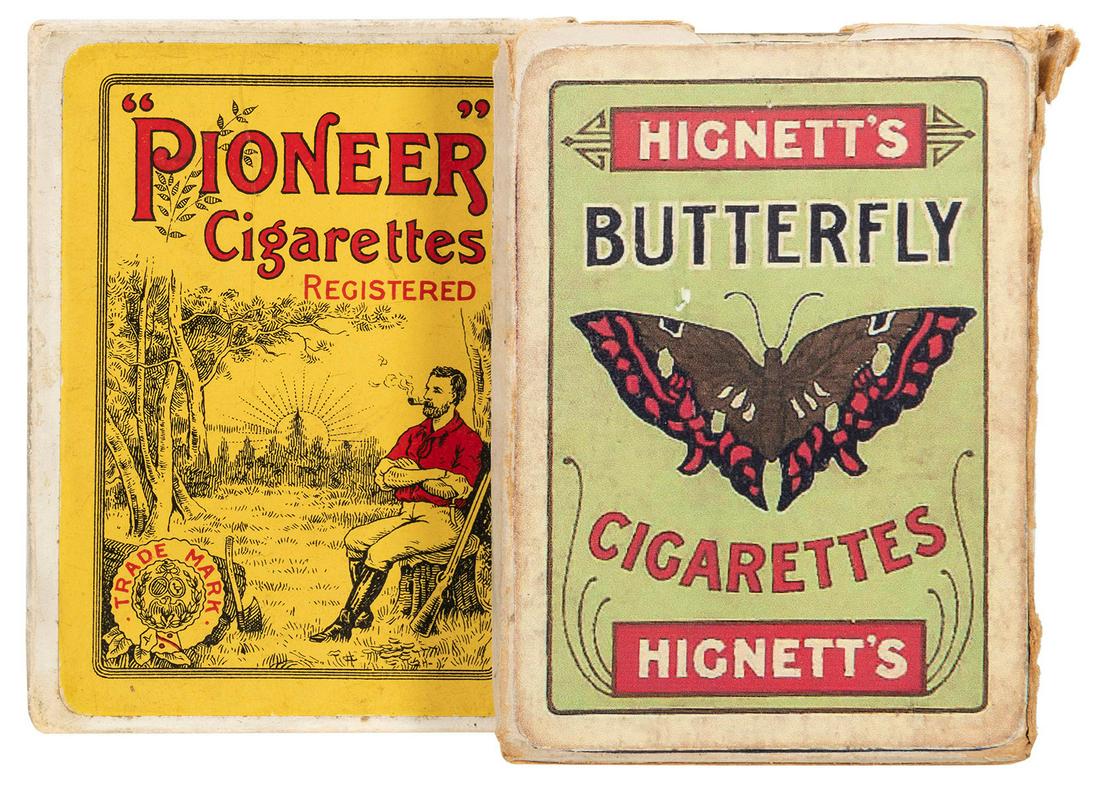 [Tobacciana] Hignett’s “Pioneer” and “Butterfly”: [Tobacciana] Hignett’s “Pioneer” and “Butterfly” Cigarettes Advertising Playing Cards. Two decks, including: -- “Pioneer” Cigarettes. London: Chas. Goodall, c