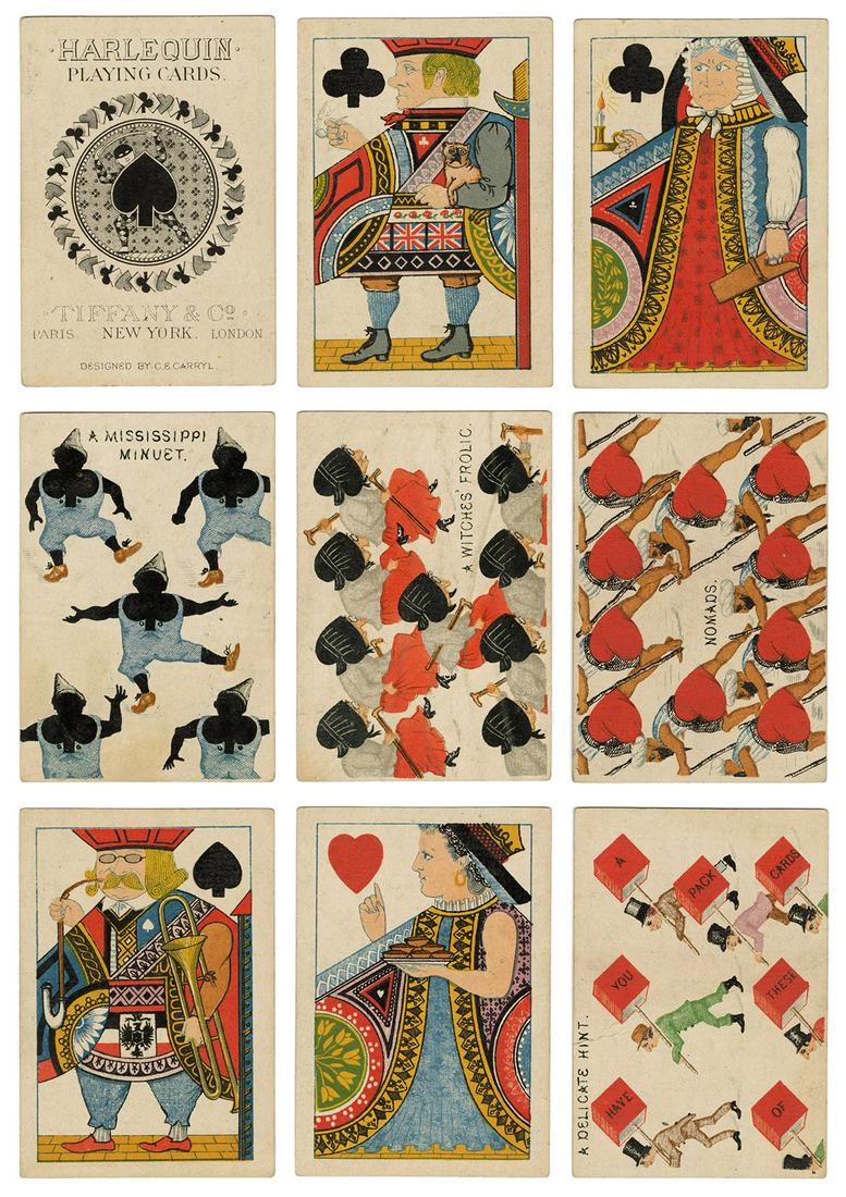 Tiffany & Co. Harlequin Transformation Playing Cards.: Tiffany & Co. Harlequin Transformation Playing Cards. New York, 1879. 52 + OB. Designed by C.E. Carryl. Transformation deck, pip cards with witty captions accompanying occupational, racial, and politi