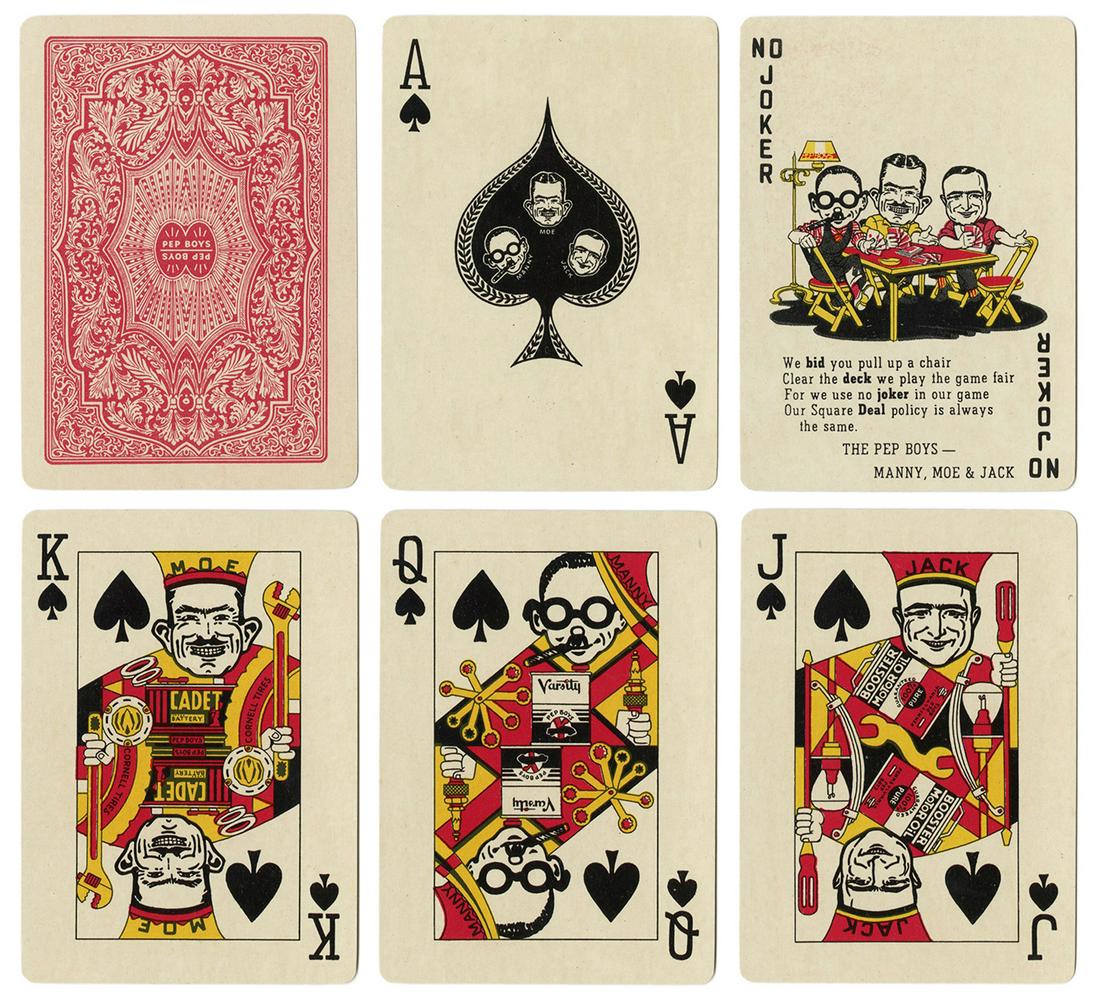 Pep Boys Advertising Playing Cards. Two Decks. Circa: Pep Boys Advertising Playing Cards. Two Decks. Circa 1930s. Two decks, red and blue backs, including Deluxe Playing Cards (52 + J + EC + OB) and Deluxe Pinochle Playing Cards (deck sealed, plus “