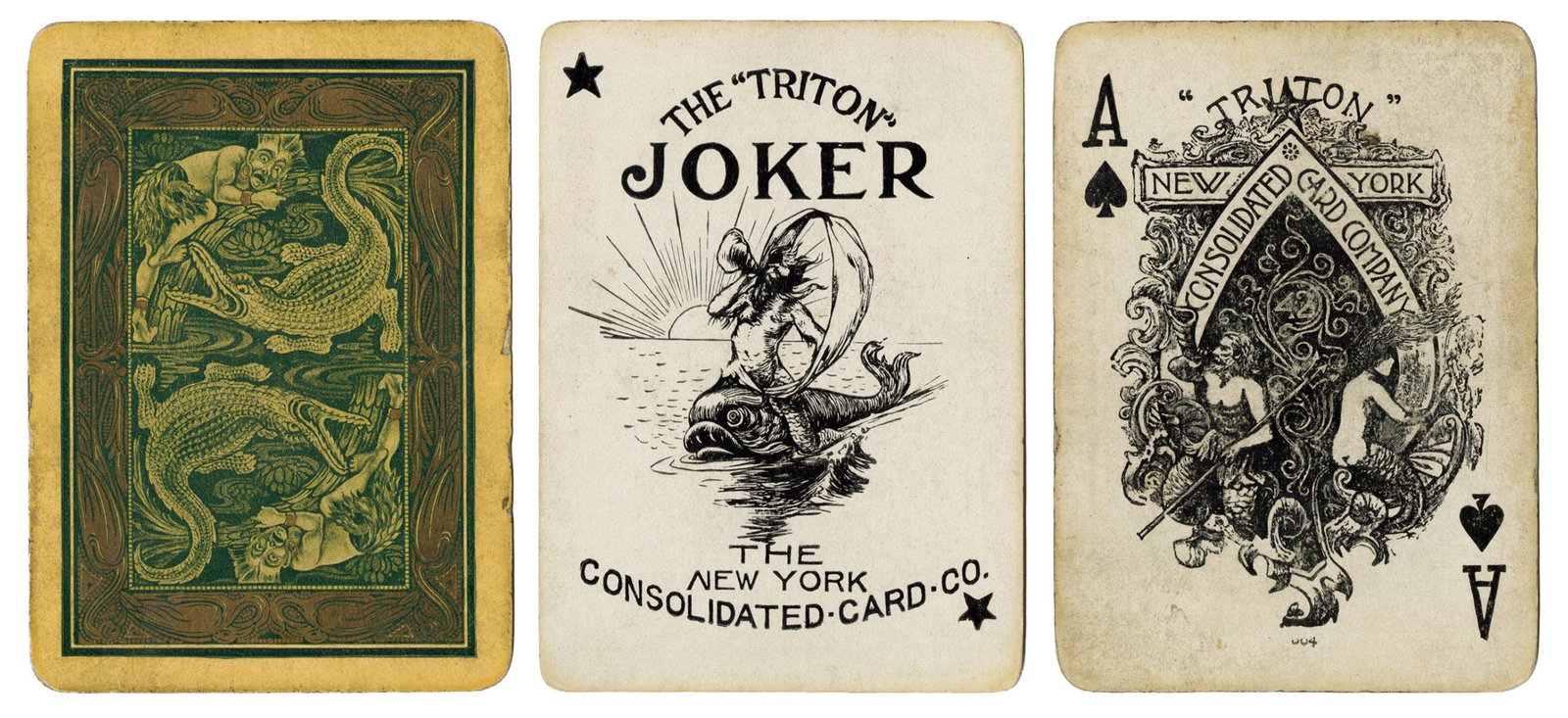 NYCC Triton No. 42 Playing Cards. New York, ca. 1900s.: NYCC Triton No. 42 Playing Cards. New York, ca. 1900s. 52 + J + OB. Scarce back design of an alligator chasing a stereotypical “native” character. Gilt rubbed away from edges; card edges r