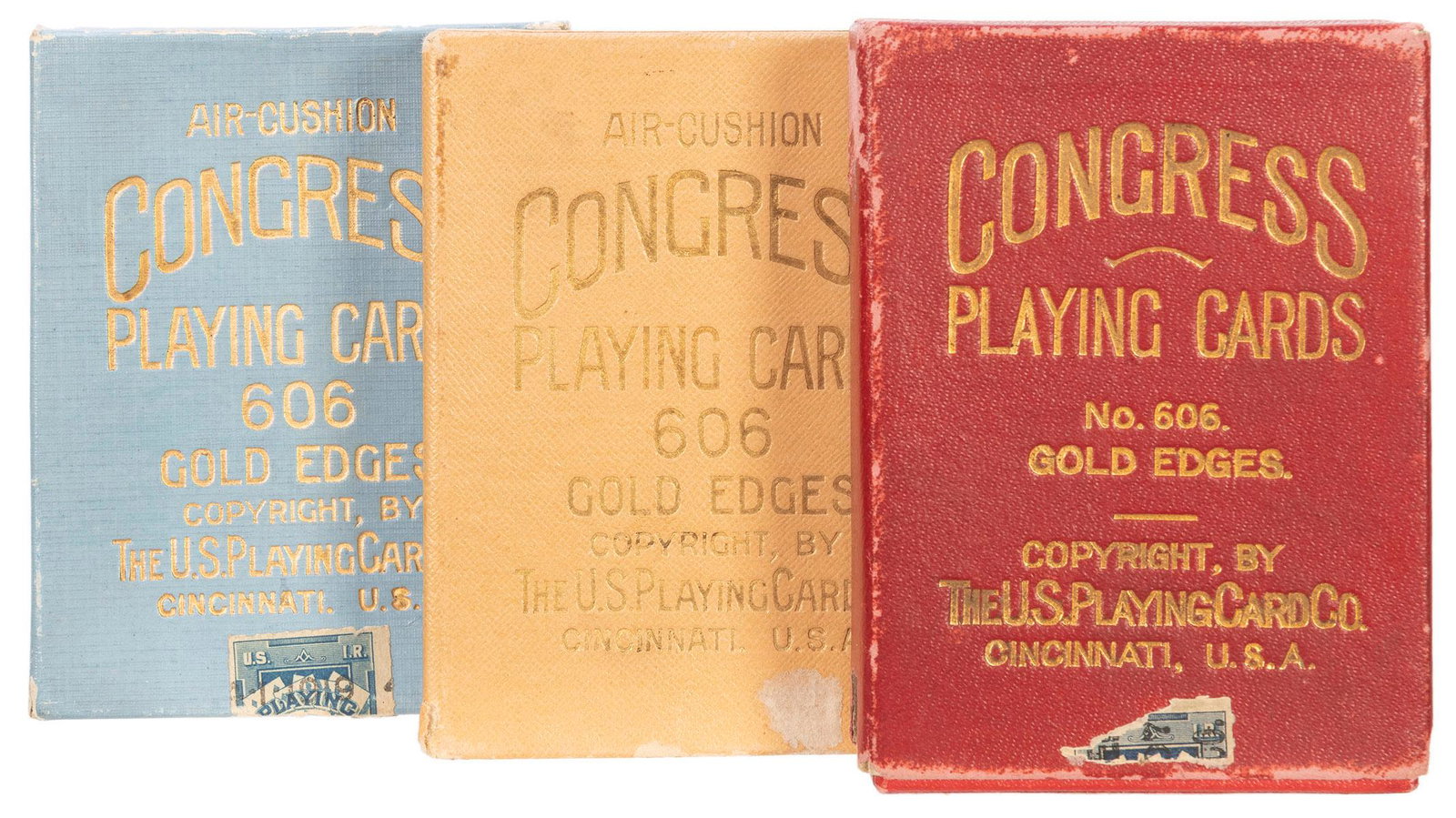 Congress 606 Playing Cards / Dog Designs. Three decks,: Congress 606 Playing Cards / Dog Designs. Three decks, each 52 + J + OB, including “Jerry” bulldog (1907); “Collie” (1920); and “Airedale” (1920). All having gilt e