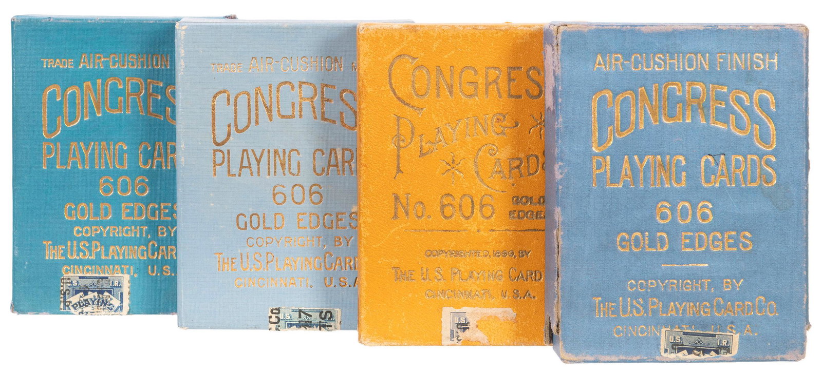 Congress 606 Playing Cards / Native American Designs.: Congress 606 Playing Cards / Native American Designs. Four decks, including (2) Rookwood; Shooting the Rapids; and Laughing Water. All 52 + J + OB. Gilt edges. Condition varies, generally very good.