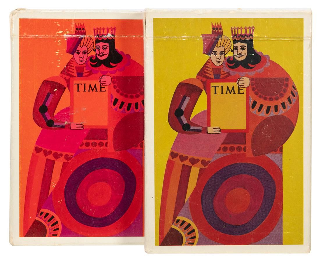 Time Magazine Advertising Playing Cards. 1962. Two: Time Magazine Advertising Playing Cards. 1962. Two decks, in red and olive backs. Both 52 + J + EC +OB. Extra wide and long cards (4 x 2 5/8”) with original designs, and advertising text at the 
