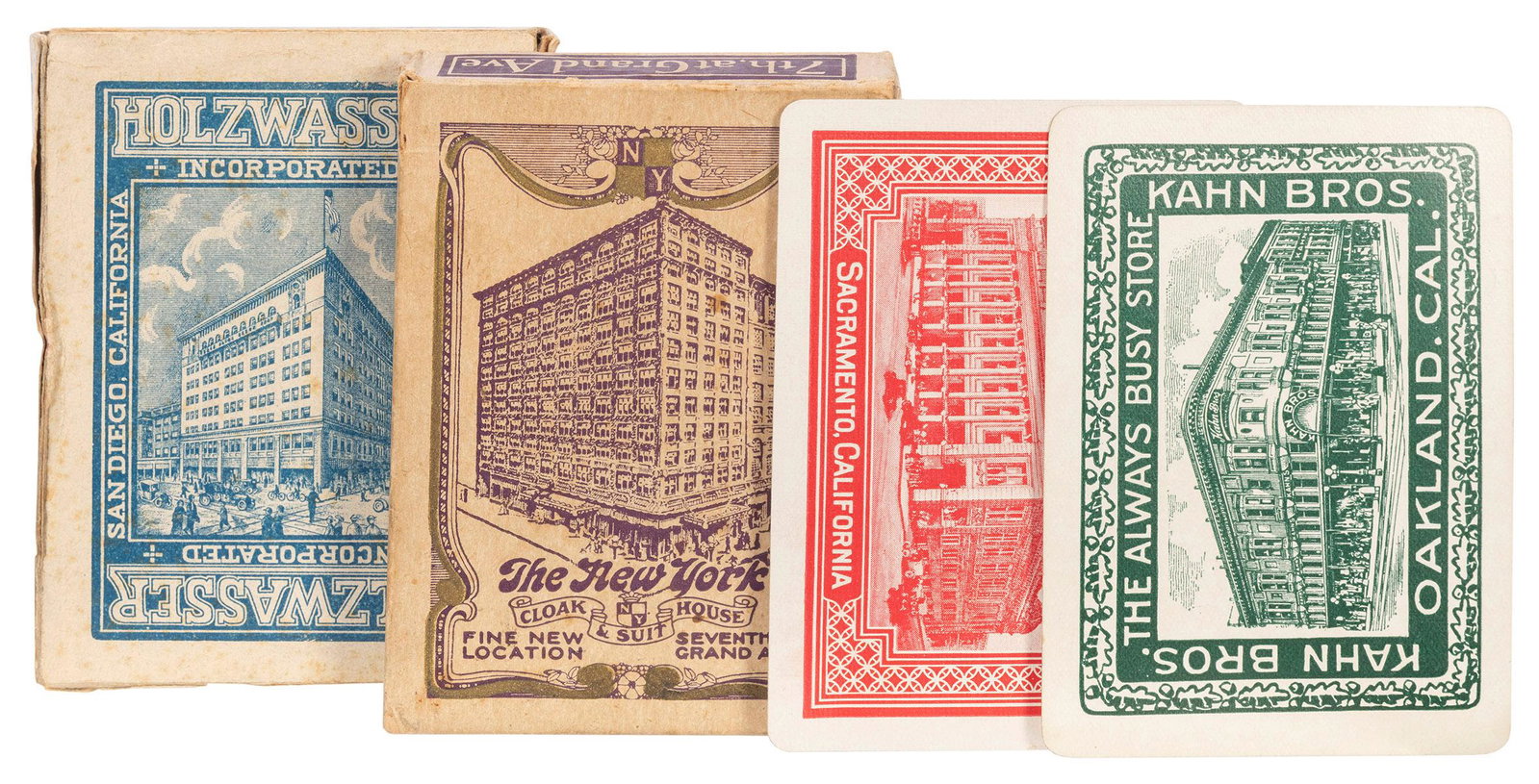 [California] Group of Early California Merchants: [California] Group of Early California Merchants Advertising Playing Cards. Four decks, comprising: Kahn Bros., Oakland, CA, ca. 1910s (52/52). -- The New York Cloak and Suit House, Los Angeles, ca. 1