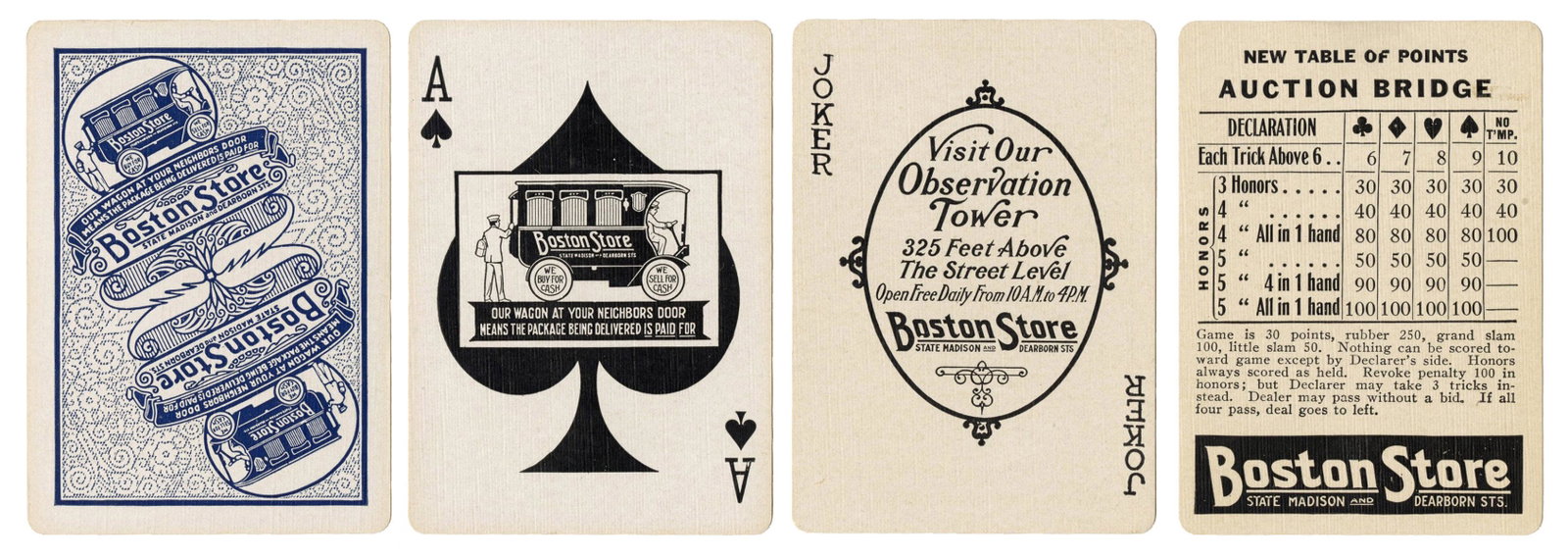 [Chicago] Boston Store Advertising Playing Cards. Circa: [Chicago] Boston Store Advertising Playing Cards. Circa 1920s 52 + J + EC + OB. Very good; marker price on front of box. Joker advertises the stores “observation tower” in downtown Chicago