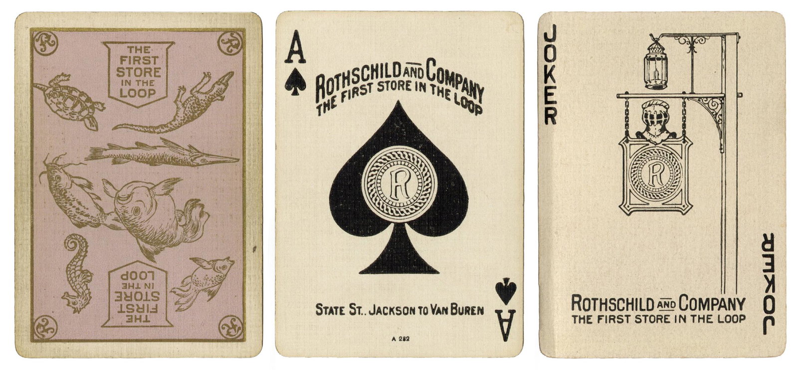 [Chicago] Rothschild & Co. Advertising Playing Cards.: [Chicago] Rothschild & Co. Advertising Playing Cards. Circa 1920s 52 + J + 2 EC + OB. Advertised as “The First Store in the Loop” on box. Very good.