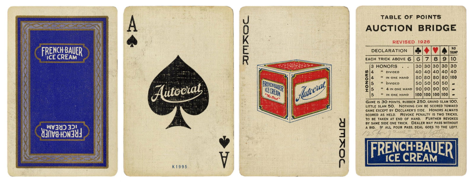 French-Bauer Ice Cream Advertising Playing Cards.: French-Bauer Ice Cream Advertising Playing Cards. Cincinnati, OH. 52 + J + EC + OB. Joker advertises French-Bauer “Autocrat” brand ice cream. Gilt edges (rubbed). Good/very good; soiling a
