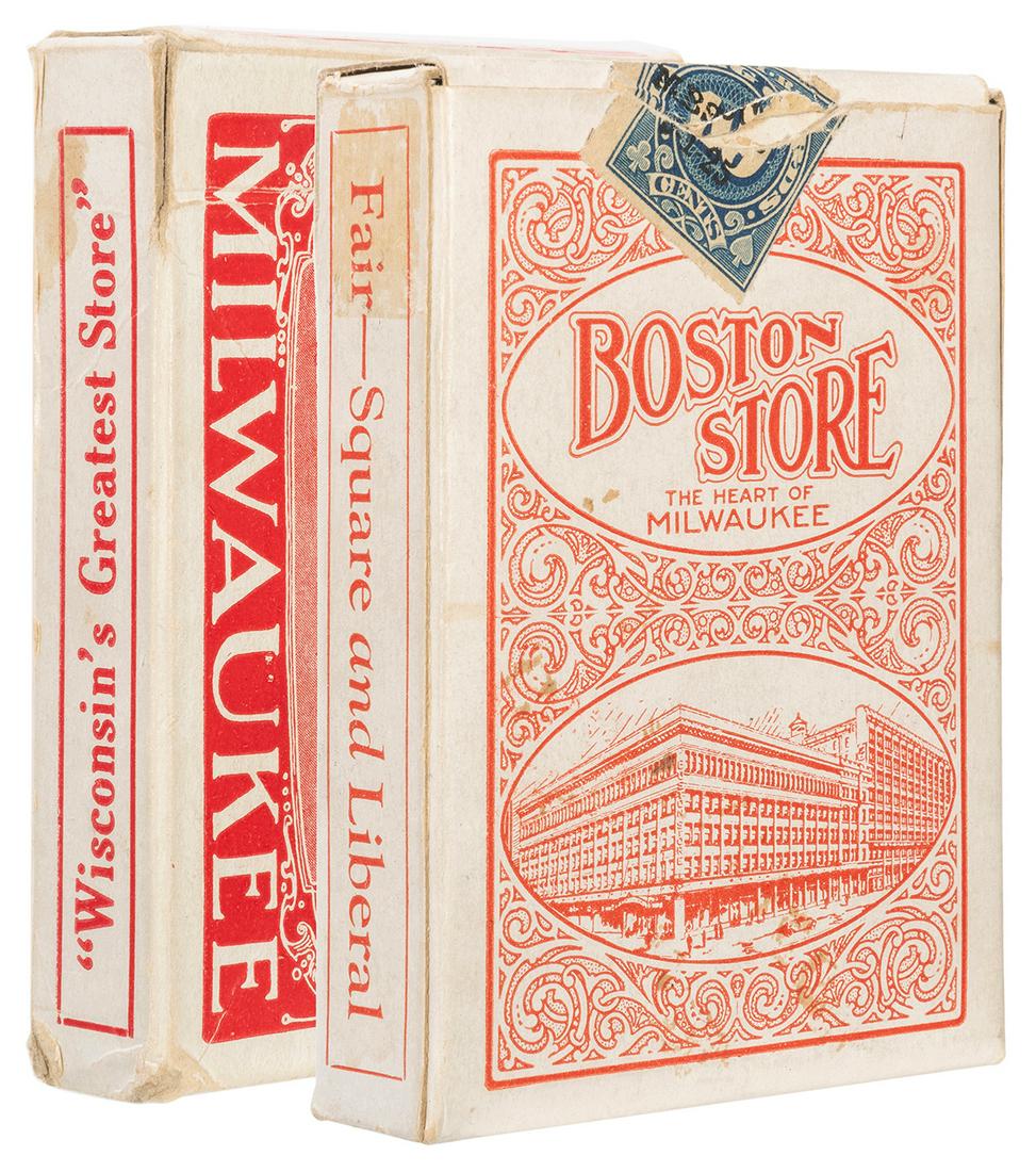 [Milwaukee] Boston Store Advertising Playing Cards.: [Milwaukee] Boston Store Advertising Playing Cards. Circa 1920s. Two different decks for the Milwaukee department store. 52 + J + EC + OB; 52 + J + OB. Building façade and other advertising on bo