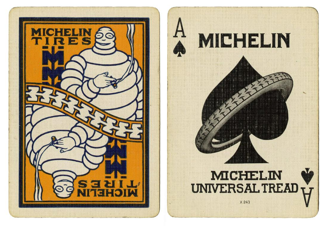 Michelin Tire Co. Advertising Playing Cards. Circa: Michelin Tire Co. Advertising Playing Cards. Circa 1900s. 52 + OB. Card colors crisp and bright. Good; box flaps detached.