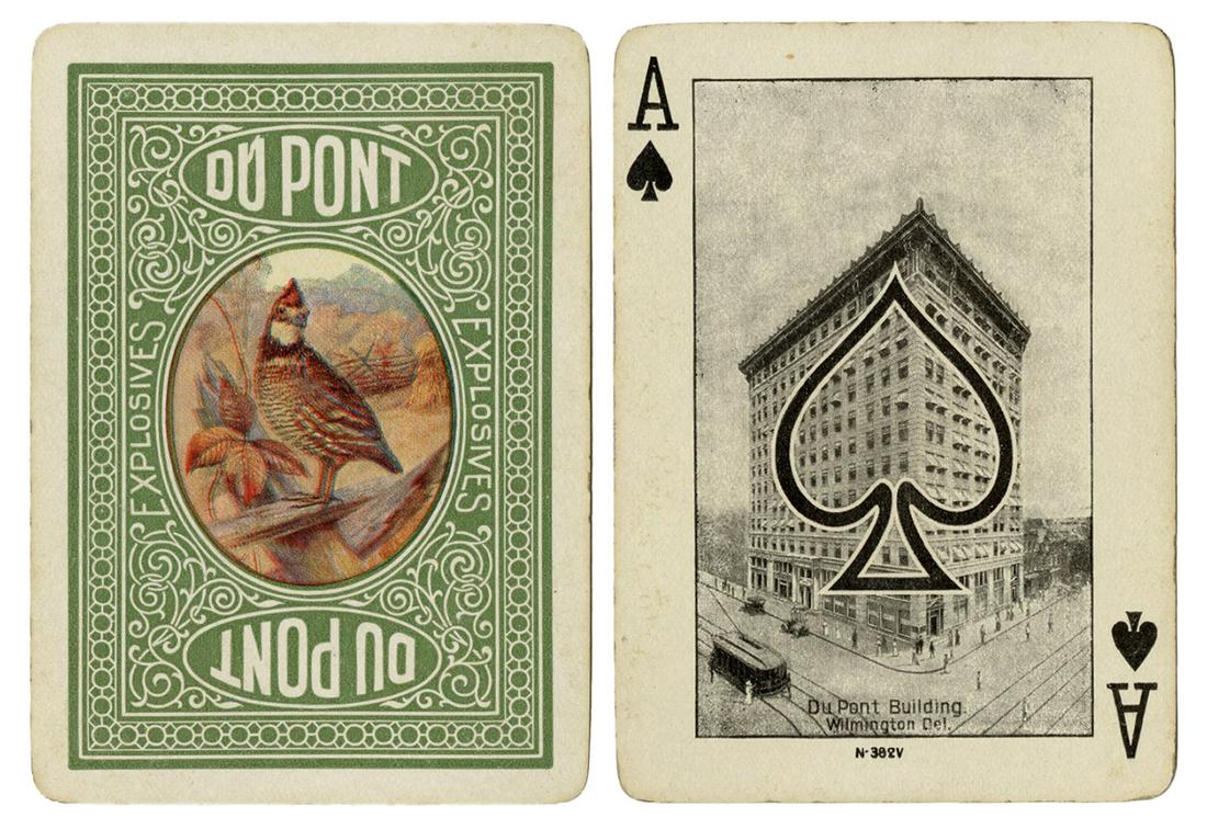 DuPont Explosives Advertising Playing Cards.: DuPont Explosives Advertising Playing Cards. Wilmington, DE, ca. 1910s. 52. Later box. Hunting-related quail design backs. Gilt edges. Includes ace of spades with image of DuPont Building. Very good.