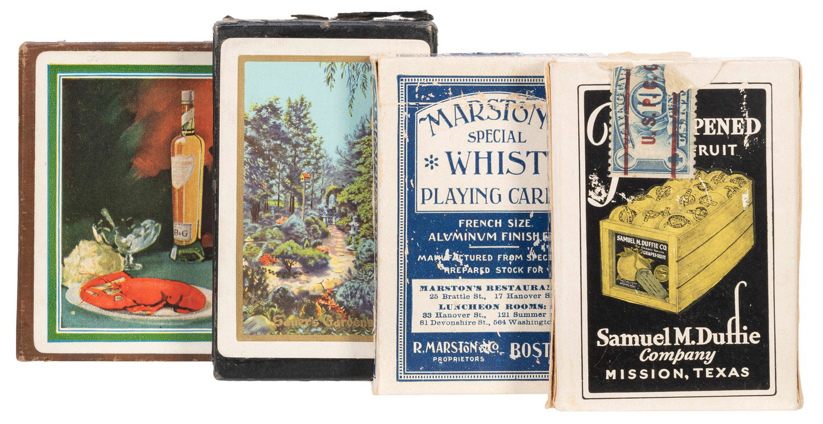 Group of Food Advertising Playing Cards. Including:: Group of Food Advertising Playing Cards. Including: Samuel M. Duffie Co., 1930s (52 + J + OB), advertising the grapefruit supplier in Mission, Texas; B & G Olive Oil (52); Sauer’s Vanilla / Duke