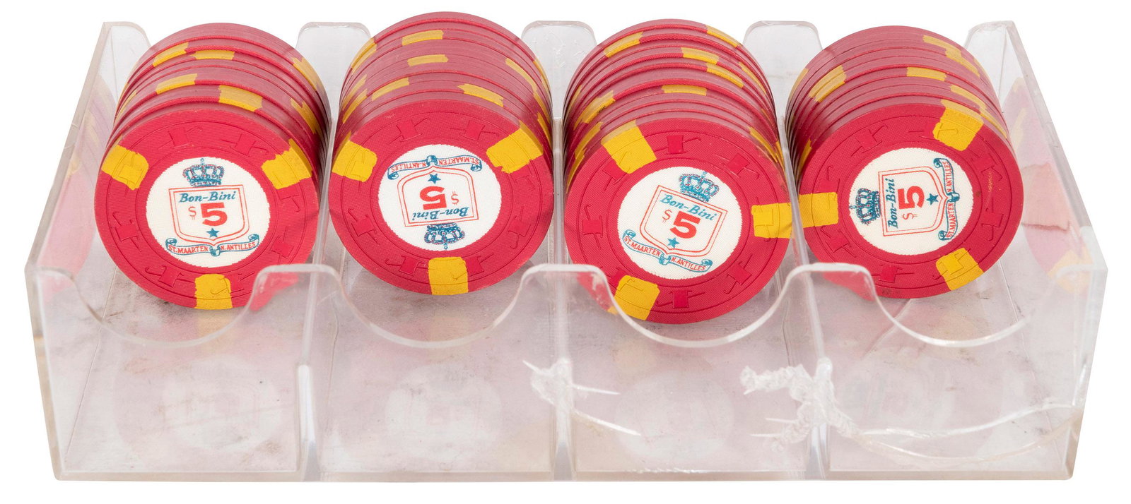 Bon-Bini Casino St. Maarten N. Antilles $5 Chips (40).: Bon-Bini Casino St. Maarten N. Antilles $5 Chips (40). Circa 1968-72. Vintage chips from the Caribbean casino. Top hat and cane mold. Red with three mustard inserts. Very good.