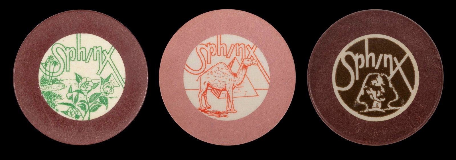 Sphinx Crest & Seal Chips (3). Circa 1940s. Scarce: Sphinx Crest & Seal Chips (3). Circa 1940s. Scarce chips with images of camels, pyramids, and the Great Sphinx.