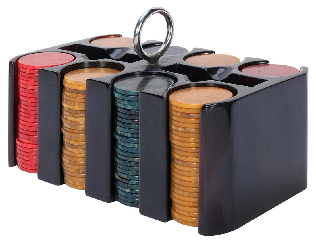 Amber Bakelite Poker Chip Caddy with Chips. Circa: Amber Bakelite Poker Chip Caddy with Chips. Circa 1930s/40s. Dark amber Bakelite caddy with metal handle, containing approximately 200 swirled chips in butterscotch, midnight green, and red. Caddy wit