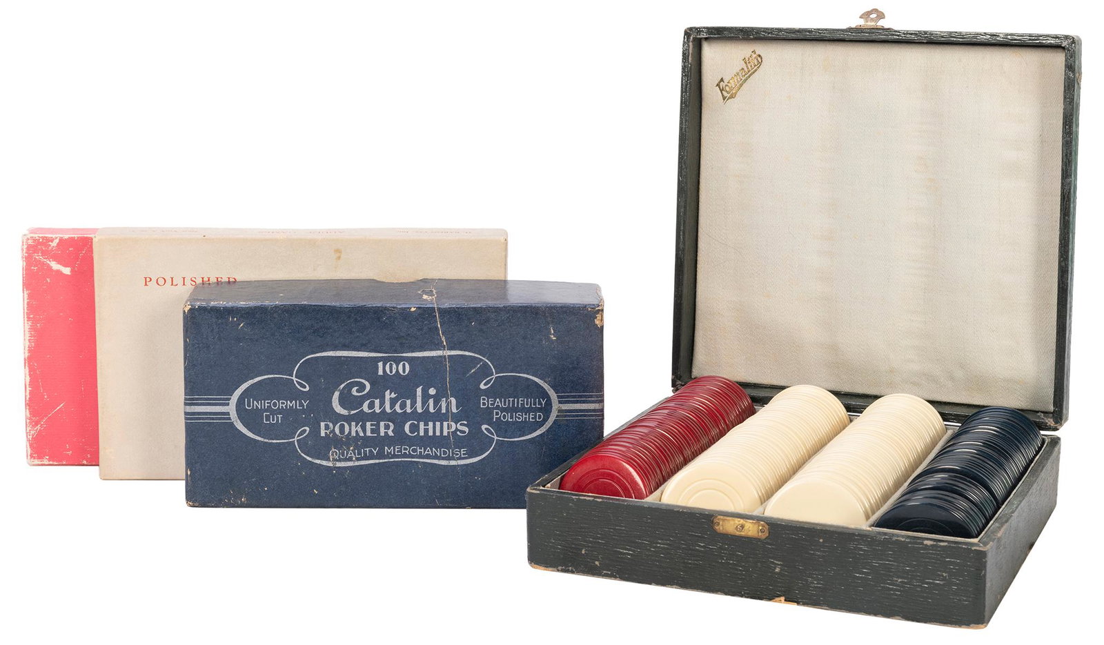 Lot of Bakelite Chips. Including: Formalith poker: Lot of Bakelite Chips. Including: Formalith poker chips. Germany, ca. 1920s. 163 chips: 46 red, 74 white, 43 blue. Case 6 ½ x 6 ½”. – Backgammon set. 30 chips: 15 blue, 15 red, a