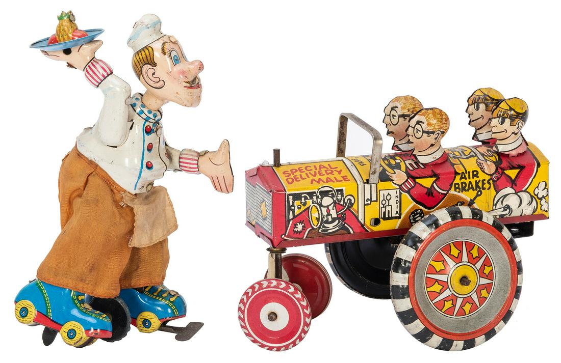 Pair of Windup Tin Toys. Including: T.P.S. (Japan) tin: Pair of Windup Tin Toys. Including: T.P.S. (Japan) tin litho of a waiter on roller skates with cloth pants. With key. Working. –– Marx Special Delivery Male Jeep. With key. Mechanism parti