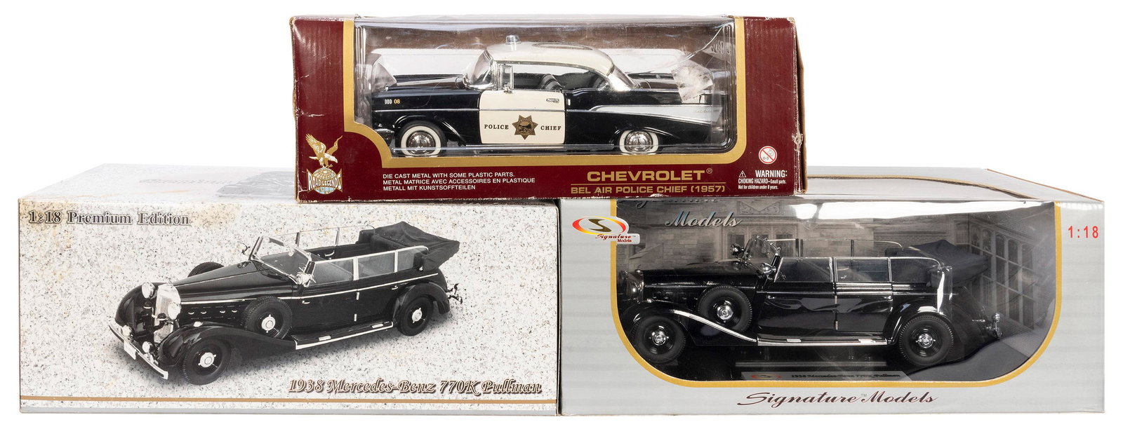 Lot of 3 Scale Model Cars. Including (2) 1/18 Signature: Lot of 3 Scale Model Cars. Including (2) 1/18 Signature Models 1938 Mercedes Benz 770k Pullman; and a 1/18 Road Legends Chevrolet Bel Air Police Chief (1957). In boxes.