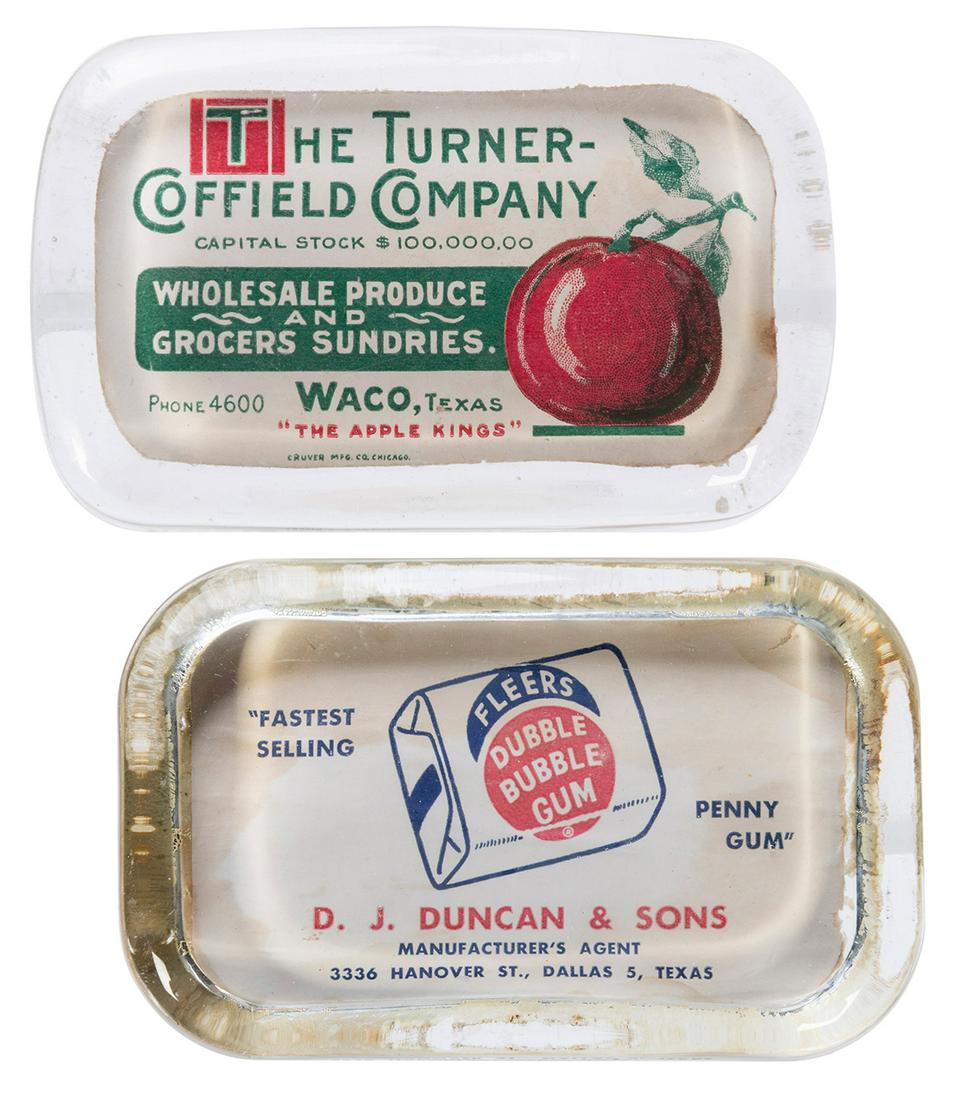 Pair of Food-Related Glass Paperweights. Including: Pair of Food-Related Glass Paperweights. Including paperweights for: Fleers Dubble Bubble Gum. Dallas. Advertises D.J. Duncan & Sons. 4 ¾ x 2 ¾ x 1”. – The Turner-Coffield Co. Wa