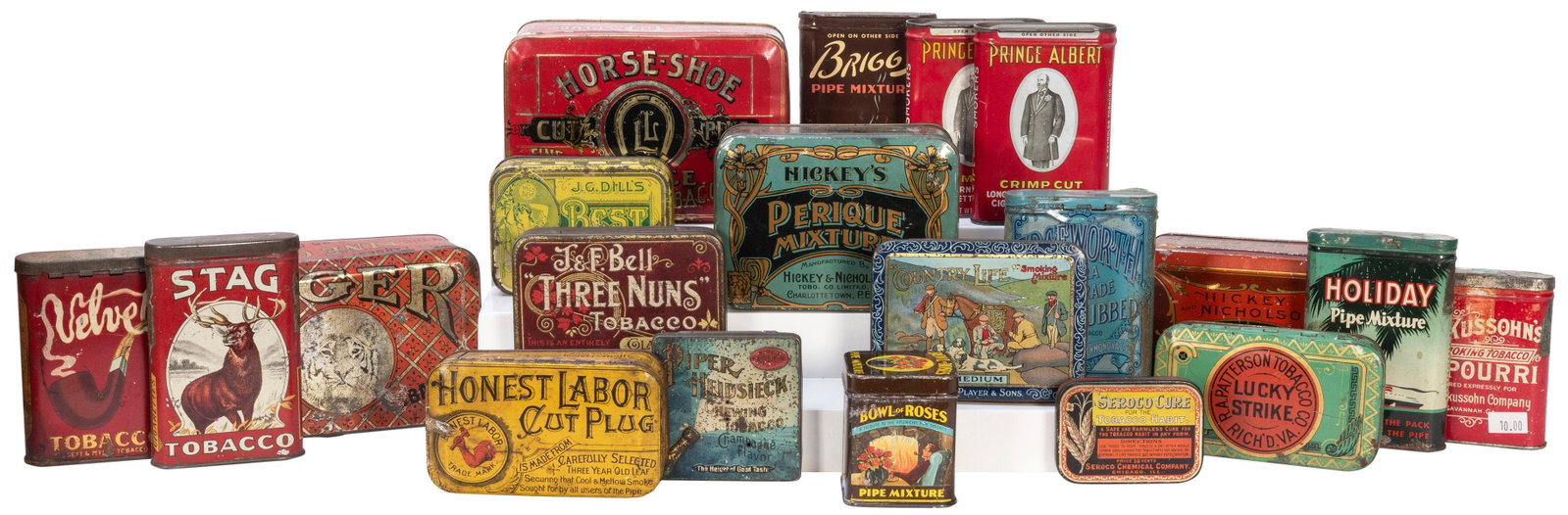 Lot of 30 Vintage Tobacco Tins. Circa first half of: Lot of 30 Vintage Tobacco Tins. Circa first half of 20th century. Includes Prince Albert, Holiday Pipe Mixture, Lucky Strike, Willoughby-Taylor, and others. Condition varies.