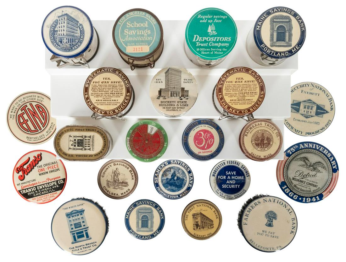 Group of 28 Celluloid Banks, Pocket Mirrors, and: Group of 28 Celluloid Banks, Pocket Mirrors, and Shoeshine Brushes. Bulk advertising for saving and loan banks. Largest diameter 3 ½”. Graphics bright, condition generally very good.