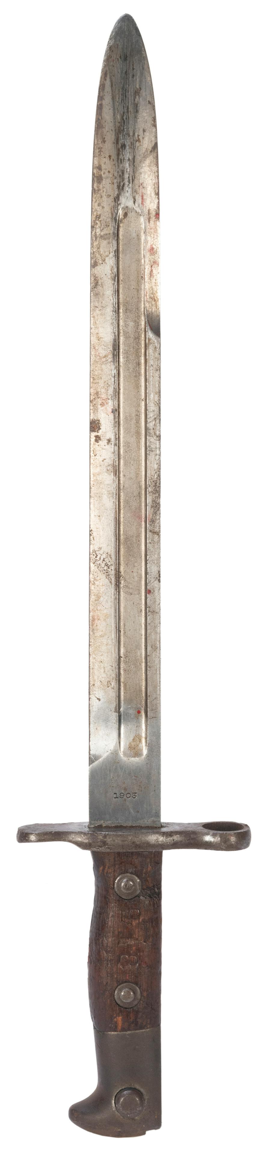 United States Army Bayonet. Circa 1900s. Original: United States Army Bayonet. Circa 1900s. Original scabbard. Marked “US” on one side of ricasso, “1903” on the other. “918” stamped onto handle. Metal handle with wa