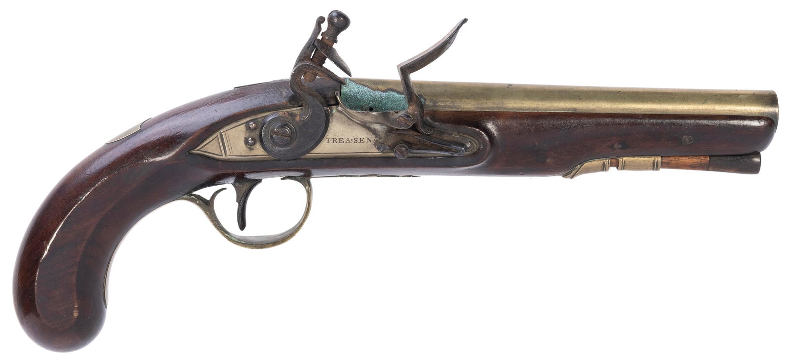 British Flintlock Pistol. London, ca. 1810s. Ramrod: British Flintlock Pistol. London, ca. 1810s. Ramrod intact. Proof marks on brass barrel indicate a production year ca. 1814. “I-Rea-Sen” stamped on lock plate. Length 12”. Corrosion 