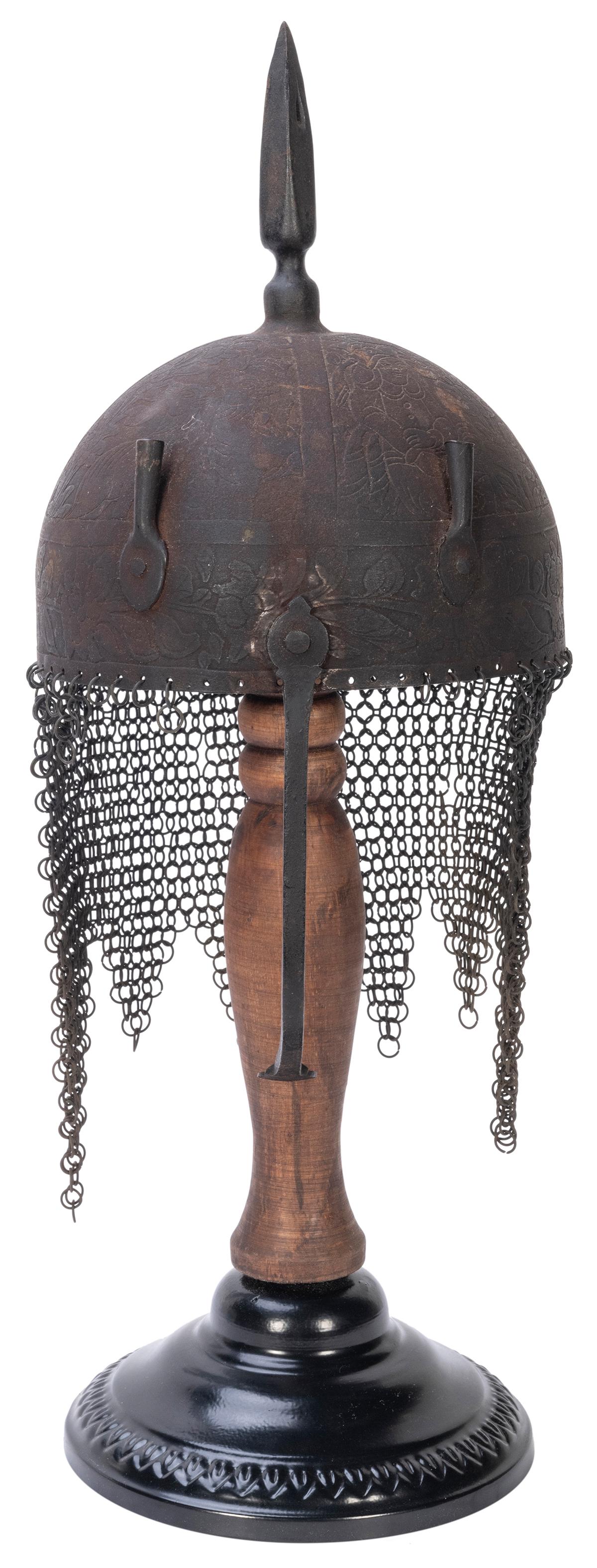 Khula Khud Helmet. Persian, ca. 19th century. Metal.: Khula Khud Helmet. Persian, ca. 19th century. Metal. Chainmail pieces. Nose guard intact. Highly decorated. Height 18”.