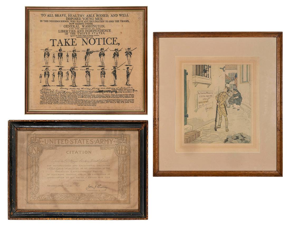 Lot of Three Framed U.S. Military Items. Including:: Lot of Three Framed U.S. Military Items. Including: United States Army Citation. Circa 1919. Facsimile signature of General John J. Pershing. Framed, 11 x 16”. Wear to certificate.– Reprod