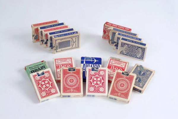 18 packs of playing cards owned/used by Dai Vernon: [Playing Cards] 18 packs of playing cards owned and used by Dai Vernon. Ordinary and prepared decks collected by Bruce Cervon, and including,Tally-Ho, Rider and Aviator backs, and one Bicycle New Fan