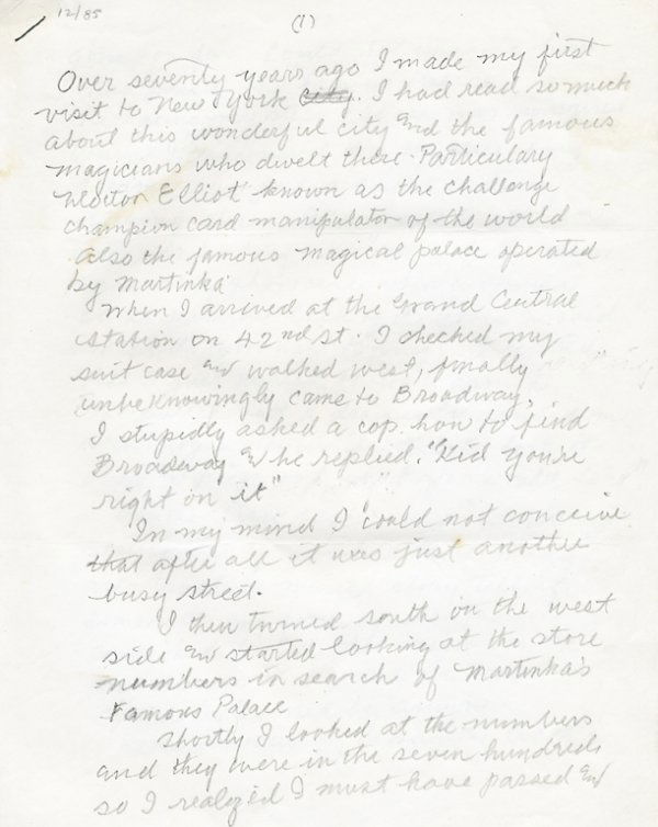 Vernon, Dai. The Vernon Touch, December 1985.: Vernon, Dai. The Vernon Touch, December 1985. Five single-sided manuscript pages in pencil, written Vernon's hand, for his perennial column from Genii magazine. Subjects covered include his first visi