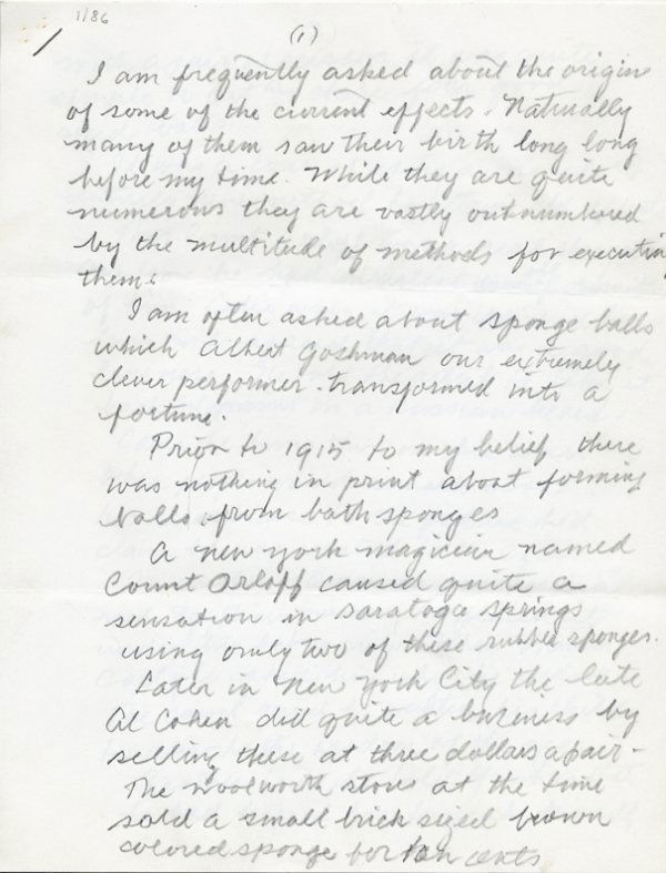 Vernon, Dai. The Vernon Touch, January 1986.: Vernon, Dai. The Vernon Touch, January 1986. Five single-sided manuscript pages in pencil, written Vernon's hand, for his perennial column from Genii magazine. Subjects covered include the origins of