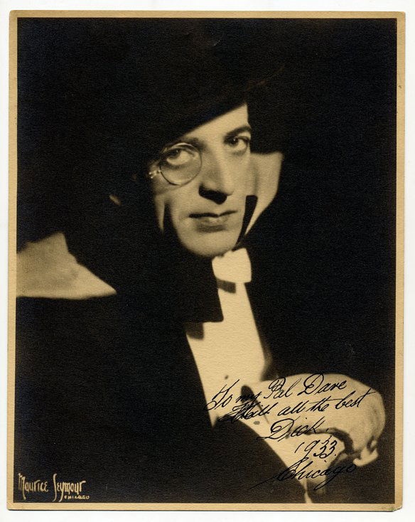 Cardini. Early photo signed & inscribed to Vernon: Cardini (Richard Valentine Pitchford). Early ½ length photograph, signed and inscribed to Dai Vernon. Chicago, Maurice Seymour, ca. 1932. An iconic image of the monocle-wearing Cardini, sans moustach