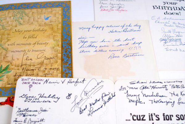 Collection of autographed greeting and birthday car: [Greeting Cards] Collection of autographed greeting and birthday cards sent to Dai Vernon. Many cards autographed by well-known magicians, and inscribed warmly to Vernon. Among the signatures included