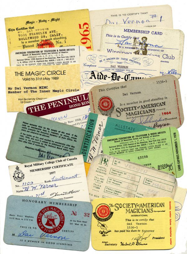 Collection of Dai Vernon's membership cards.: [Membership Cards] Collection of Dai Vernon's membership cards. 17 cards, each bearing Vernon's name, and including cards for his membership in the Society of American magicians (three different), The
