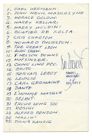 Vernon, Dai. 25 Famous Magicians of the Past: Vernon, Dai. 25 Famous Magicians of the Past. A listing of 25 great magicians in Vernon's hand, printed in block capital letters, beginning with Carl Herrmann, and ending with Julius Zancig. Folded, b