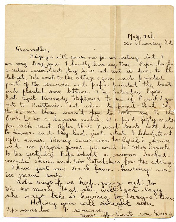 Early and personal ALS to Vernon's mother.: Vernon, Dai (David Frederick Wingfield Verner). Early and personal ALS to Vernon's mother. Undated except as "Mon. 7th," and bearing a return address of Vernon's home in Ottawa, Canada, the letter dis