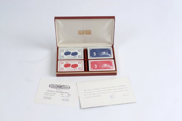 Limited edition Dai Vernon playing cards: Vernon, Dai. Limited edition Dai Vernon playing cards. Produced to commemorate Vernon's 88th birthday in 1982, and housed in a custom made display case bearing Vernon's silhouette, two of the packs re