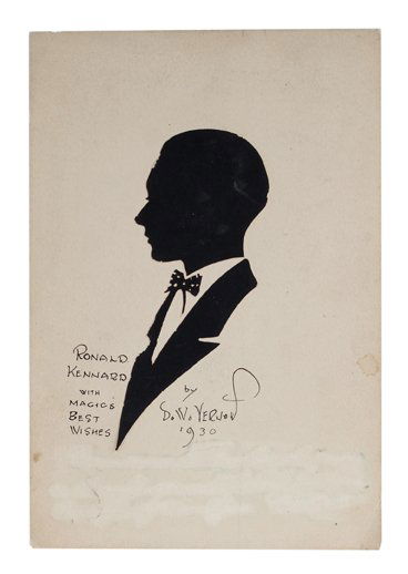 Vernon, Dai. Silhouette of magician Ronald Kennard: Vernon, Dai. Silhouette of magician Ronald Kennard. [New York], 1930. On a mount measuring 4 ¼ x 6 ¼". Bottom of mount soiled and one small tear to silhouette, otherwise good condition. Signed and i
