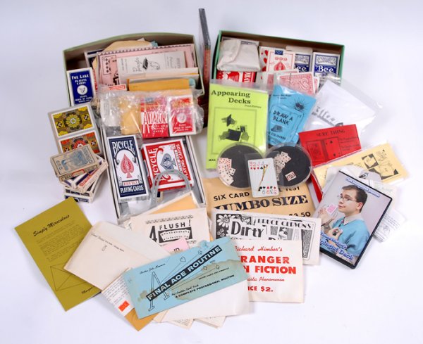 Lifetime accumulation of card tricks and apparatus: [Card Magic] Lifetime accumulation of card tricks and apparatus. Including gimmicked decks, packet tricks, DVDs, Omni Deck, Cardiologist Deck, Dream of Aces (Gary Oulette), Draw a Blank, Diminishing C