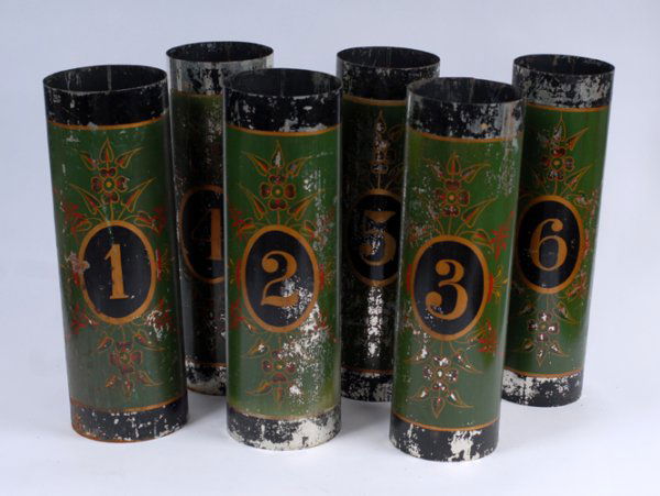 Organ Pipes. After Martinka & Co, ca. 1915: Organ Pipes. After Martinka & Co, ca. 1915. Set of six tin tubes 19 ½" high lacquered in green, red, gold and black, which nest together. After showing each tube to be empty, the magician produces a