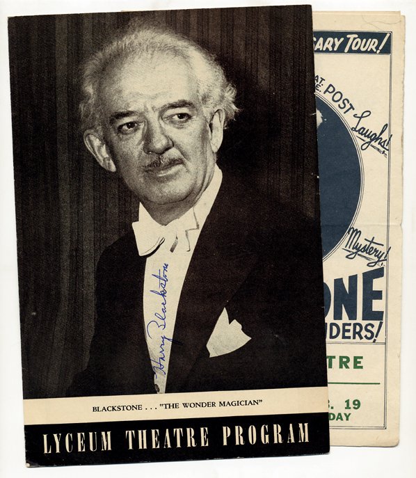 Archive of 19 pieces of Blackstone ephemera.: [The Blackstones] Archive of 19 pieces of Blackstone Sr. and Junior ephemera. Including theatre and souvenir programs, news clippings, premium booklets, advertisements, etc. One theatre program signed