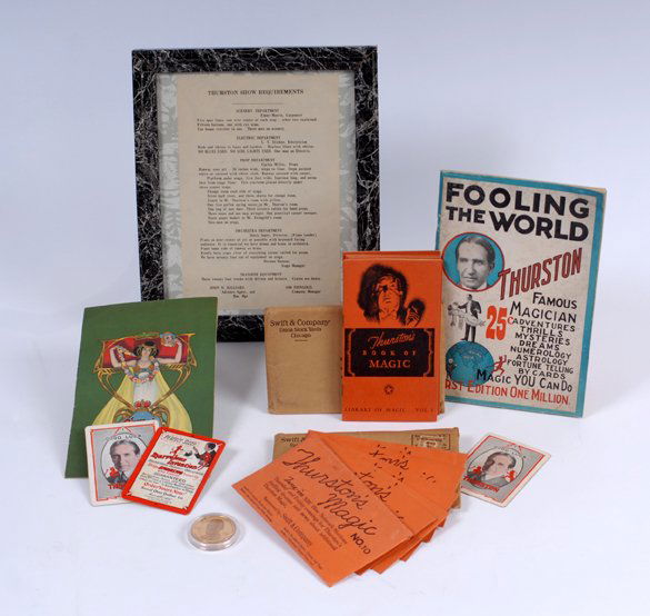 Thurtson, Howard. Archive of Thurston memorabilia.: Thurtson, Howard. Archive of Thurston memorabilia. Including five of Thurston's Magic Tricks (Swift & Co., Nos. 8, 10 (two), 12 (two) and 15) in original mailing envelopes, Thurston's Book of Magic (S
