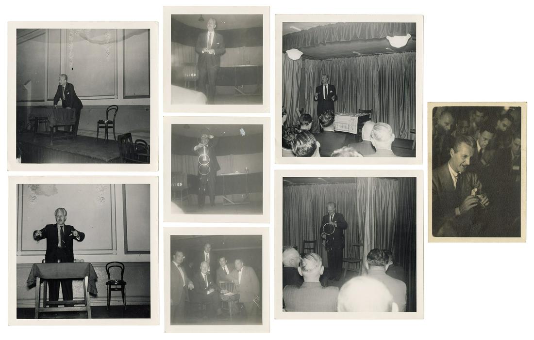 Vernon, Dai (David Frederick Wingfield Verner). Eight: Vernon, Dai (David Frederick Wingfield Verner). Eight Dai Vernon Lecture Photographs. 1940s – 50s, and including snapshots of Vernon in England and America, demonstrating several signature feats