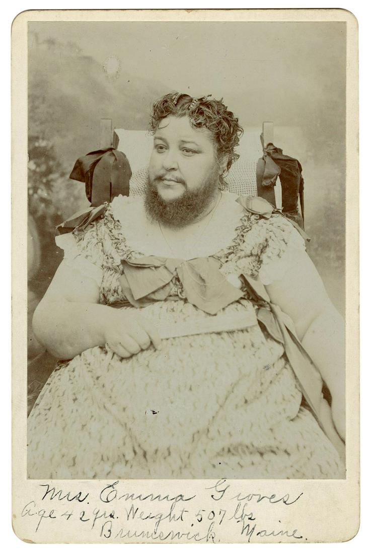 Cabinet Photo of Emma Groves, Bearded Fat Lady. Circa: Cabinet Photo of Emma Groves, Bearded Fat Lady. Circa 1909. Photograph on card mount of the bearded lady from Maine. Age and weight notated on mount and verso. 6 3/8 x 4 ¼”.